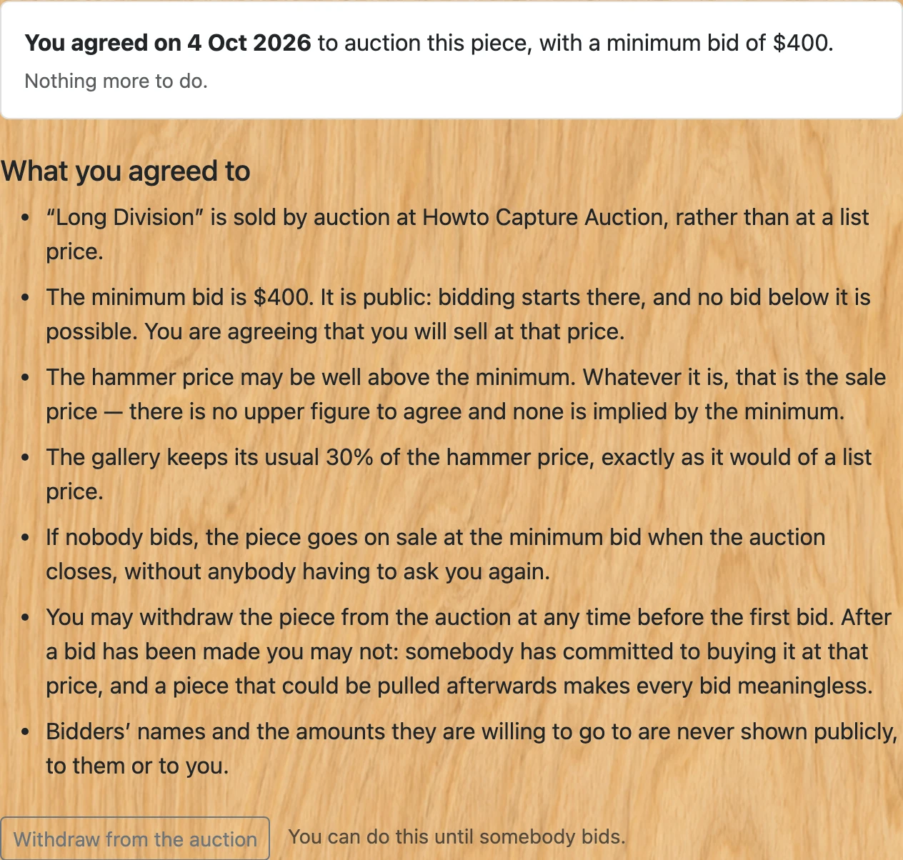 Screenshot of step 7: How to put a piece into an auction (artist)