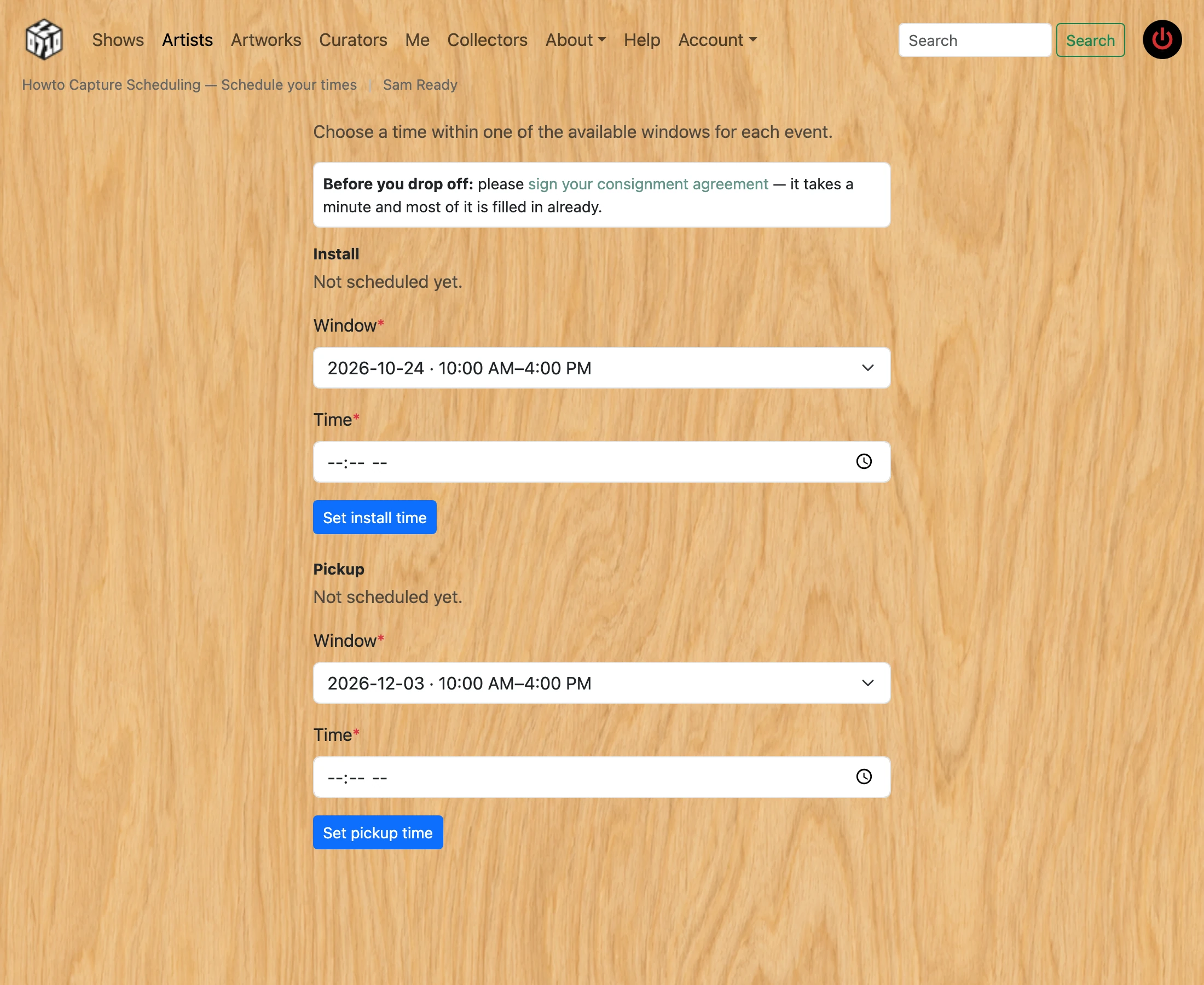 Screenshot of step 2: How to schedule your art install / drop-off and pickup