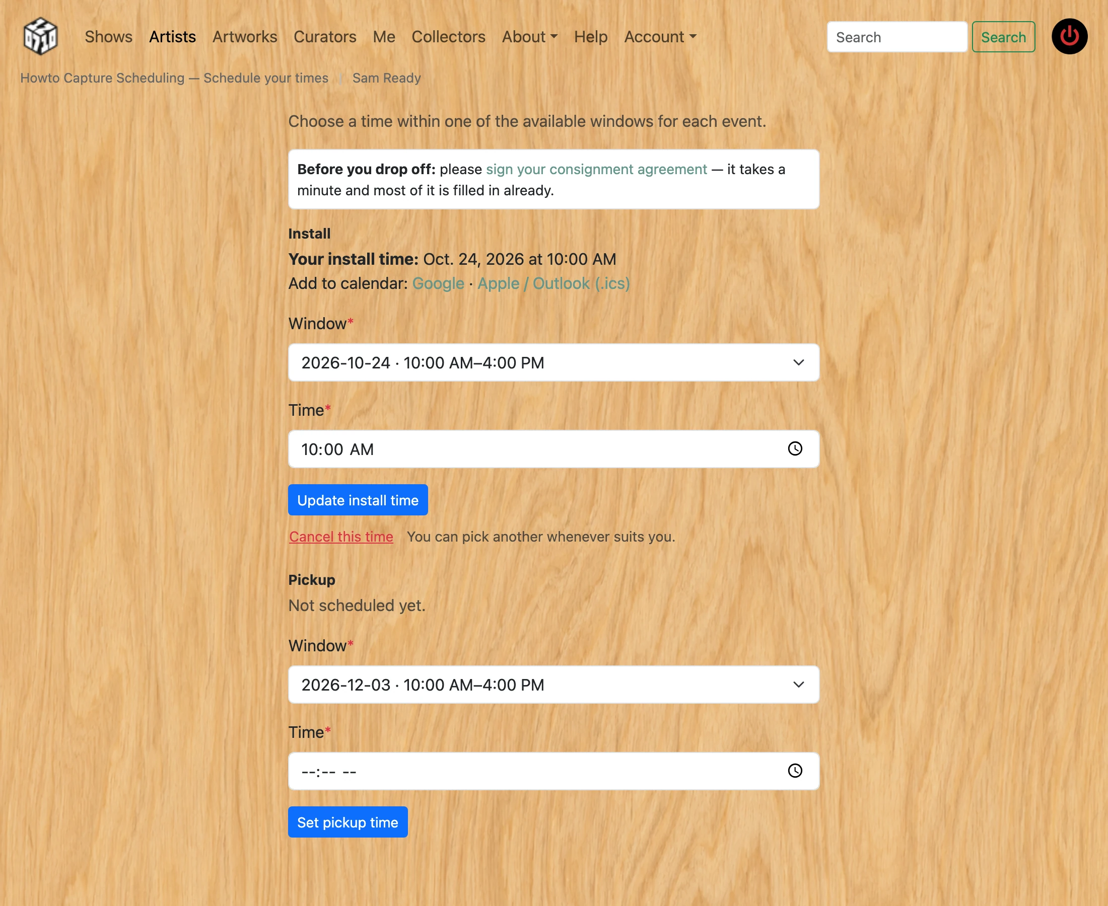Screenshot of step 5: How to schedule your art install / drop-off and pickup